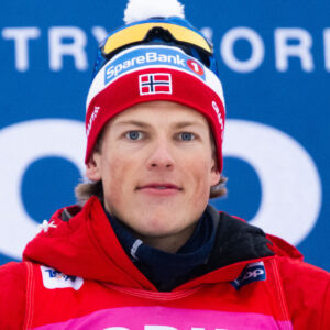 Johannes Høsflot Klæbo of Norway celebrates on the podium after the Men's Sprint final during the FIS Cross-Country World Cup on March 15, 2024 in Falun.