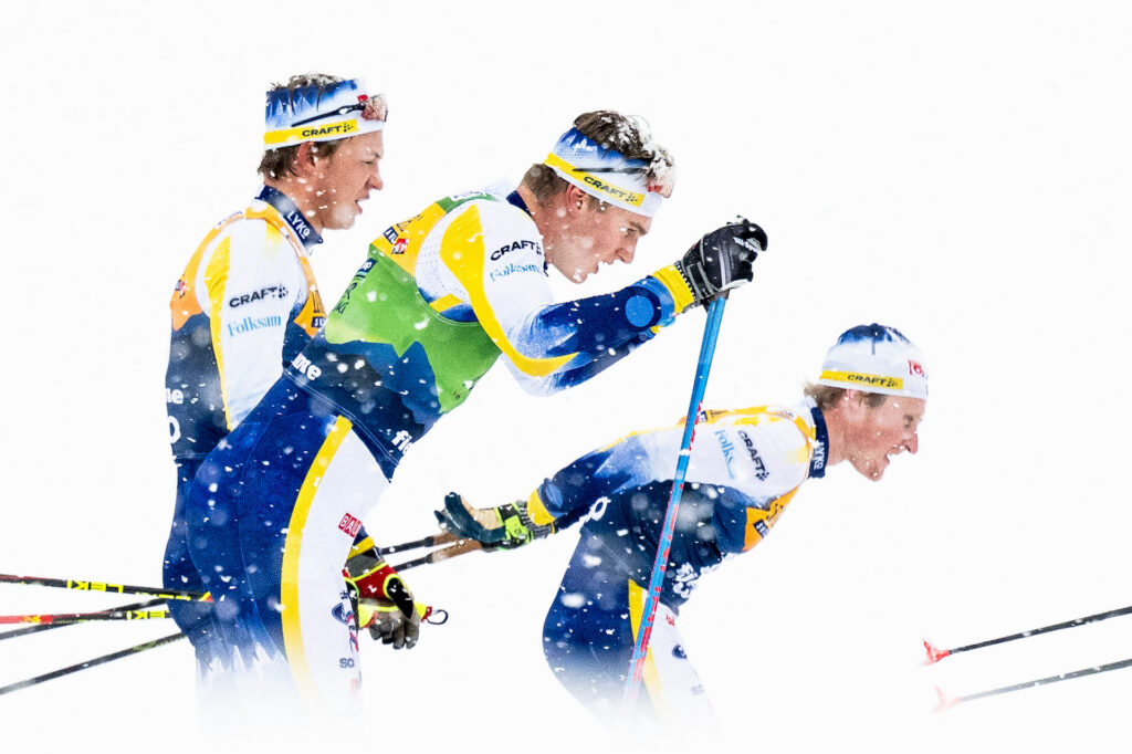 Gustaf Berglund, Edvin Anger and Jens Burman of Sweden Tour de Ski on January 6, 2024 in Val di Fiemme.