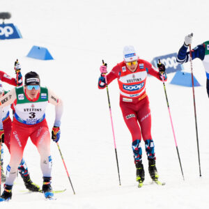 Valerio Grond of Switzerland, Johannes Høsflot Klæbo of Norway, Lucas Chanavat of France and Johan Häggström of Sweden compete in men's sprint semi final during the FIS Cross-Country World Cup on March 3, 2024 in Lahti.