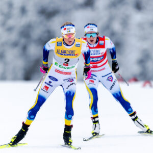 Frida Karlsson and Ebba Andersson of Sweden in the women's 20 km pursuit during the FIS Cross-Country World Cup on November 27, 2022 in Ruka.