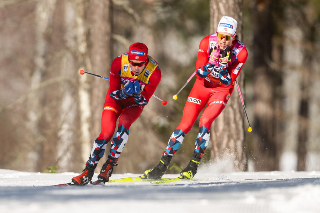 Harald Østberg Amundsen of Norway and Johannes Høsflot Klæbo of Norway compete in the men's 20km mass start during the FIS Cross-Country World Cup on March 17, 2024 in Falun.