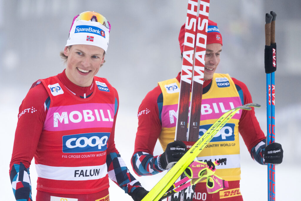 Johannes Høsflot Klæbo of Norway and Harald Østberg Amundsen of Norway after competing in the Men's Sprint final during the FIS Cross-Country World Cup on March 15, 2024 in Falun.