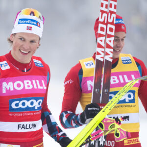 Johannes Høsflot Klæbo of Norway and Harald Østberg Amundsen of Norway after competing in the Men's Sprint final during the FIS Cross-Country World Cup on March 15, 2024 in Falun.