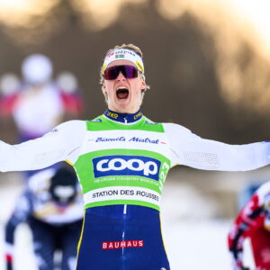 Edvin Anger of Sweden celebrates after the men's sprint classic technique final during the FIS Cross-Country World Cup on January 18, 2025 in Les Rousses.