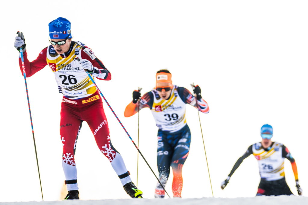 250117 Iver Tildheim Andersen of Norway and Martin Himma of Estonia competes in the men's 10 km interval start free technique during the FIS Cross-Country World Cup on January 17, 2025 in Les Rousses. Photo: / kod MT / MT0713