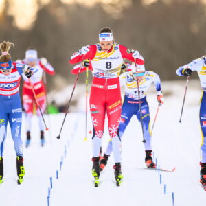 Kristine Stavås Skistad of Norway and Jonna Sundling of Sweden competes in the women's sprint classic technique semi final during the FIS Cross-Country World Cup on January 18, 2025 in Les Rousses.