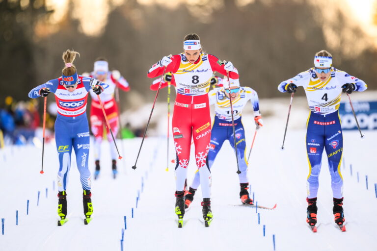 Kristine Stavås Skistad of Norway and Jonna Sundling of Sweden competes in the women's sprint classic technique semi final during the FIS Cross-Country World Cup on January 18, 2025 in Les Rousses.