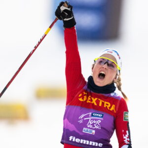 Therese Johaug of Norway celebrates after the Women's Cross Country Skiing Skiathlon during day eight of Tour de Ski on January 4, 2025 in Tesero.