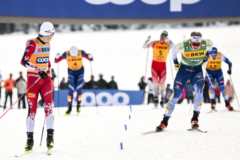 Johannes Høsflot  Klæbo (NOR), Edvin  Anger (SWE), (l-r) - FIS world cup cross-country, individual sprint, WC Engadin 2025. Foto: Nordic Focus