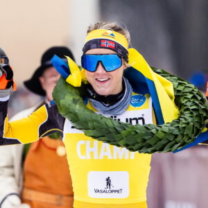 Emilie Fleten celebrates after competing in Vasaloppet on March 3, 2024 in Mora. Photo: Daniel Eriksson / BILDBYRÅN