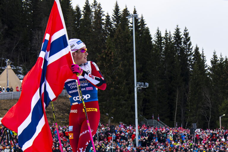 Johannes Høsflot Klæbo of Norway celebrates after the men's 4 x 7.5 km classic/free technique relay during day 9 of the 2025 FIS Nordic Ski World Championships on March 6, 2025 in Trondheim.